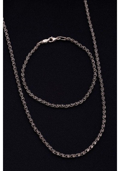 Erkek Gümüş Kolye Bileklik Set - 3mm Pullu Arnavut Zinciri Gümüş Kolye Bileklik Set