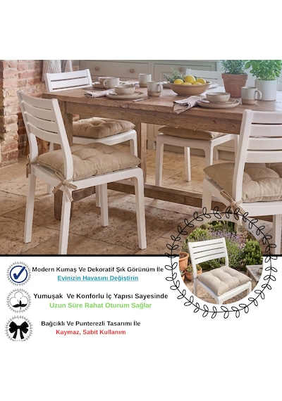 2'li Set 45x45 Cm Bej Bağcıklı Sandalye Minderi - Pamuk Polyester Kumaş Kırpıntı Süngerli Bahçe Ve Mutfak Sandalye Minderi