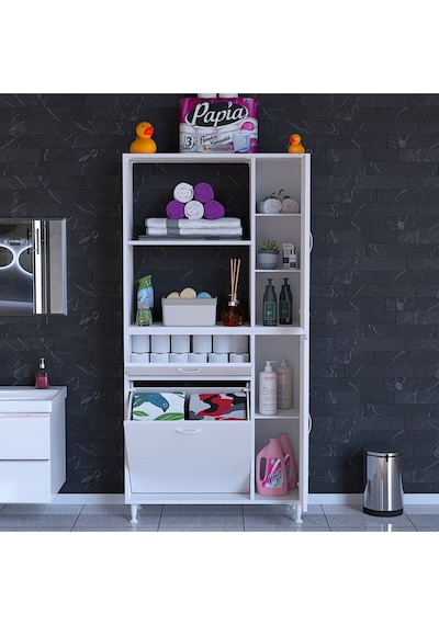Mutfak Dolabı Sepetli Kirli Camasır Dolabı Banyo Dolabı 5 Raflı Cok Amaclı Dolap Beyaz