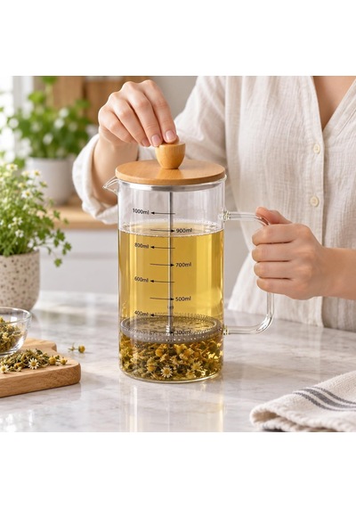 Bambu Kapaklı French Press, 1000 Ml Ölçülü Borosilikat Cam Filtre Kahve Ve Bitki Çayı Demliği, Cam Kulplu Diğer