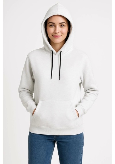 Üç İplik Kapüşonlu Kanguru Çepli Sweatshirt Hoodie - Beyaz Beyaz