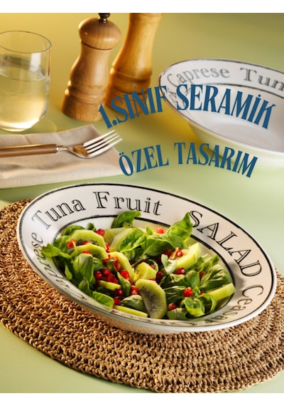 Grandora Şık Makarna Ve Salata Tabağı 26 Cm - Caesar, Greek, Caprese Tasarımlı Büyük Çukur Tabak Beyaz