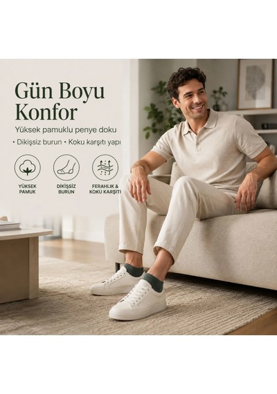 Çorap Giyim Erkek Pamuklu Patik Çorap 6 Lı Paket 39-44 Dikişsiz Burun, Koku Karşıtı, Nefes Alan Kısa Konç Sneaker Çorabı Haki