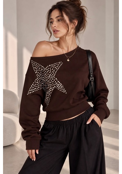 Bb Butik Basic Taşlı Yıldız Detaylı Kayık Yaka Salaş Kadın Bluz Frw34 kahverengi