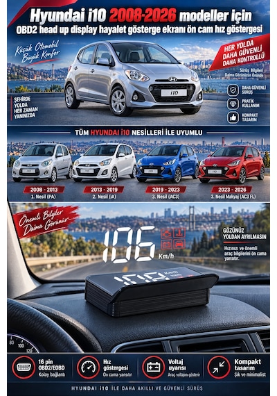 Hyundai İ10 2008-2026 Modeller İçin Obd2 Head Up Display Hayalet Gösterge Ekranı Ön Cam Hız Göstergesi