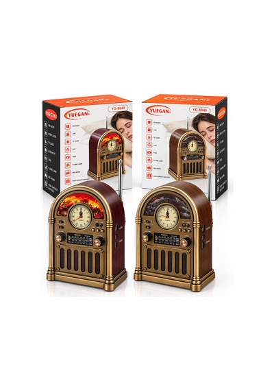 Saatli - İbreli Şömineli Radyo - Retro Am - Fm - Sw Usb - Type-c Sarjlı Bt - Tf - Usb Speaker Yg-6040 Pl-4733 5570