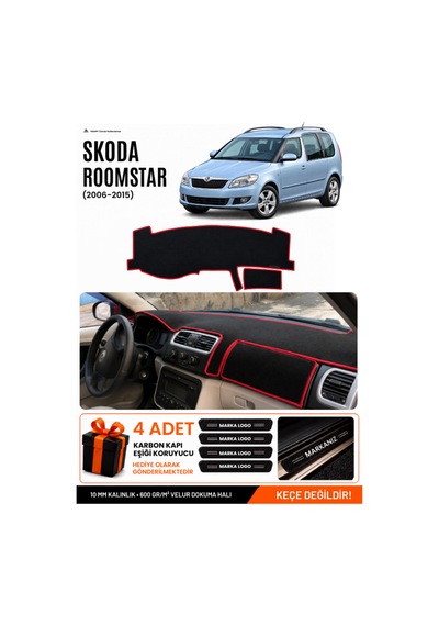Skoda Roomstar 2006-2015 Uyumlu Torpido Örtüsü, Torpido Kılıfı - Siyah-kırmızı - Sk002