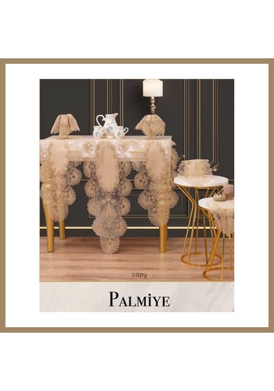 Kahveci.store Kapiçino Palmiye Model 5 Parça Keten Masa Örtüsü Runner Seti Salon Takımı 22