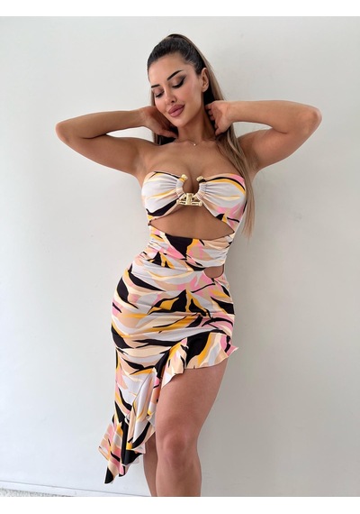 Pink Life Renkli Desenli Bel Ve Göğüs Dekolteli Toka Detaylı Elbise-Renkli Desen Çok Renkli