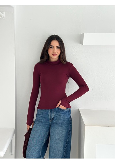 Kadın Yarım Balıkçı Yaka Parmak Geçmeli Full Likralı Buzz Body Bordo