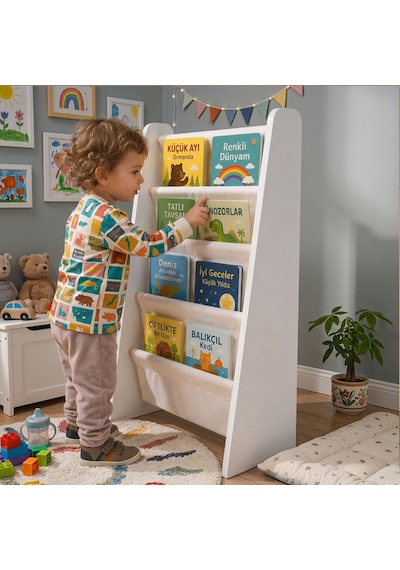 Montessori Çocuk Kitaplığı - Büyük Boy Ahşap Kitap Rafı - Yıkanabilir Paraşüt Kumaş Raflı - Çocuk Odası Kitap Düzenleyici Beyaz