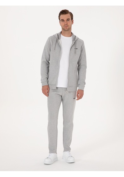 Gri Melanj Regular Fit Pamuk Karışımlı Tam Fermuarlı Sweatshirt