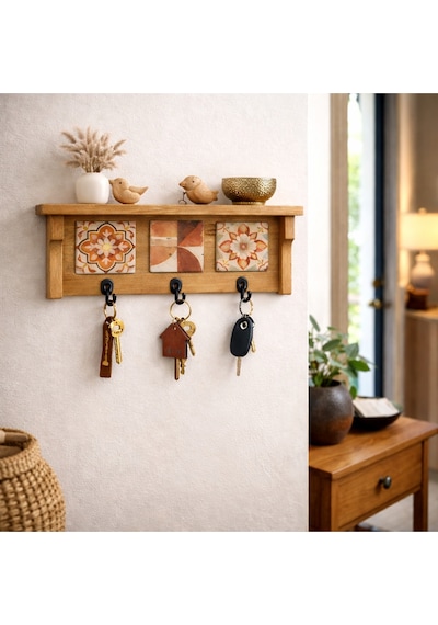 3 Askılı Doğaltaş Dekorlu Ahşap Duvar Düzenleyici Giriş Holü Anahtarlığı, Mutfak Ve Banyo Duvar Rafı 28x12-3 Askılık