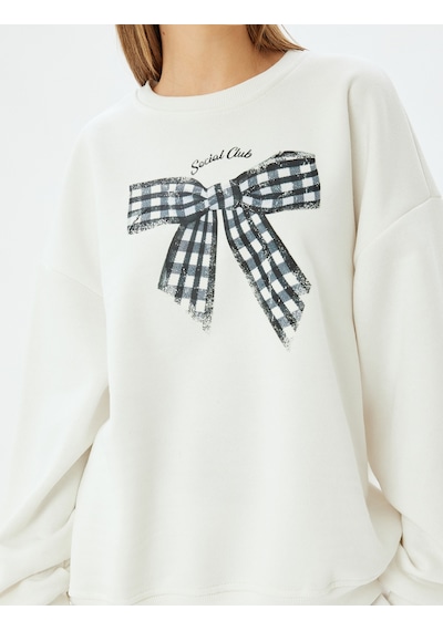 Koton Oversize Sweatshirt Fiyonk Baskılı Bisiklet Yaka Sloganlı Şardonlu Ekru 5wal10644ık Ekru