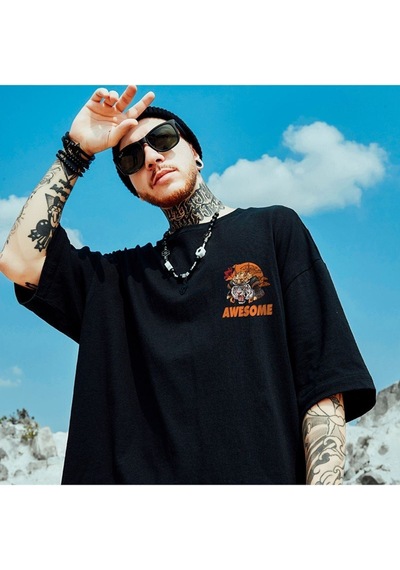 Flood Of Style Erkek Siyah Awesome Baskılı Oversize Biziklet Yaka Tişört