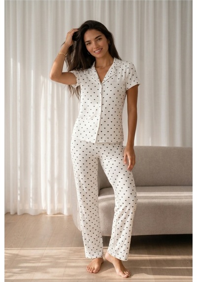 Kadın Loose Uzun Paça Pamuk Kar Beyaz Pijama Takımı
