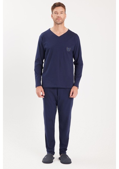 Tudors Erkek Standart Fit %100 Pamuk V Yaka Beli Lastikli Lacivert Pijama Takımı-37940 Lacivert