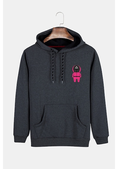 Unisex Antrasit-mor Önü Squid Game Baskılı Kapşonlu Sweatshirt Antrasit-mor
