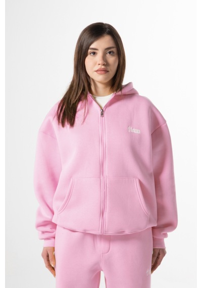 Flaw Nakışlı Zip Hoodie-28829 Pembe