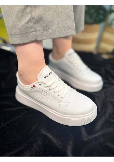 Günlük Kadın Spor Ayakkabı Ortopedik Vegan Deri Bağcık Hafif Kalın Yüksek Taban Yürüyüş Sneaker 102 Beyaz