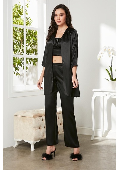 Pierre Cardin 2075 Kadın Saten Sabahlıklı Pijama Takım-siyah Siyah