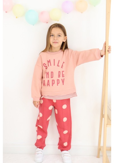 Kız Çocuk Smile And Happy Baskılı Kalın Eşofman Takımı Koyu Pembe