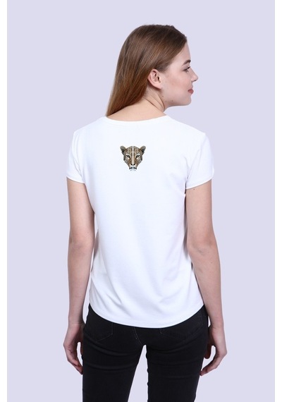 Newdesigner Kadın Beyaz Ön/Arka Tiger Baskılı V Yaka Tshirt Beyaz