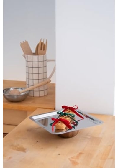 Şık 23 Cm Kare Çelik Ahşap Ayaklı Atıştırmalık, Tatlı, Peynir Sunum Tepsisi 15cm