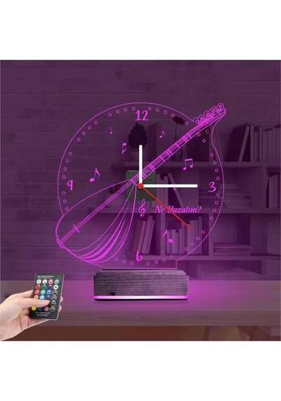 Luvivia Saz Bağlama Nota Müzik Kişiye Özel Saatli 3d Lamba - Masa Gece Lambası Şeffaf