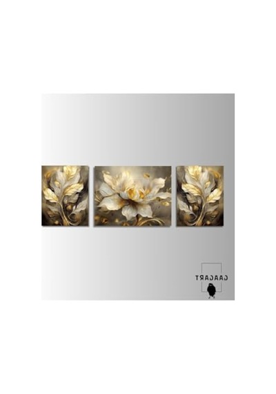 3 Parça Şık Kanvas Duvar Tablosu, Gold Sarı Beyaz Çiçek Tasarım, 40 X 60 Cm