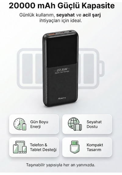 Ym832 20000mah 22.5w Süper Hızlı Şarj Type-c Ve Lightning Kablolu Powerbank Siyah