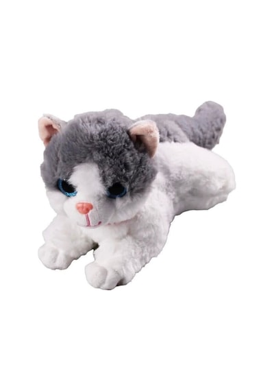 Miyavlayan Sesli Kedi Peluş Oyuncak Uyku Arkadaşı Hediyelik Peluş Yatan Kedi 35 Cm Gri