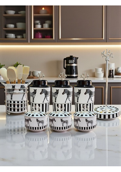 Çeyiz Seti - 104 Zebra At Desen Mutfak Seti Gümüş Siyah
