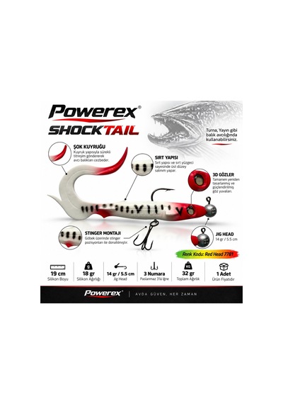 Powerex Shock Tail Hazır Zokalı Silikon Yem 19cm 32gr Modifiyeli No:red Head7781