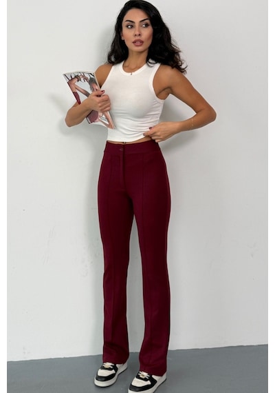 Thiff Gymwear Krep Kumaş Likralı Önü Çimalı Kahverengi Kadın Palazzo Pantolon Bordo