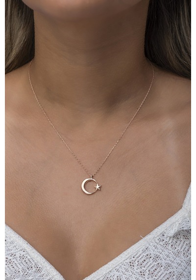 925 Ayar Gümüş Rose Sade Taşsız Ayyıldız Kolye Rose Gold