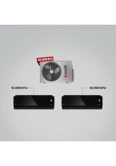 Arçelik 1+2 Multi Sistem 30100 MD Pro Dış Ünite 18.000 BTU Siyah İç Ünite + 12.000 BTU Siyah İç Ünite Duvar Tipi Klima