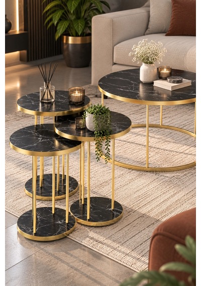 Sulorahome Siyah Mermer Desenli Gold Metal Ayaklı 4'lü Sehpa Seti Altın - Siyah
