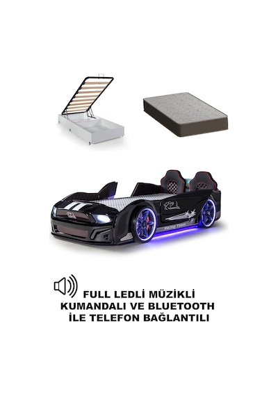 Bazalı Arabalı Yatak Siyah Kapıları Açılan Mustang Full Ledli Kumandalı Ve Müzikli + Ortopedik Yatak 90x190 Cm Bazalı Arabalı Yatak Siyah Kapıları Açılan Mustang Full Ledli Kumandalı Ve Müzikli + Ortopedik Yatak 90x190 Cm