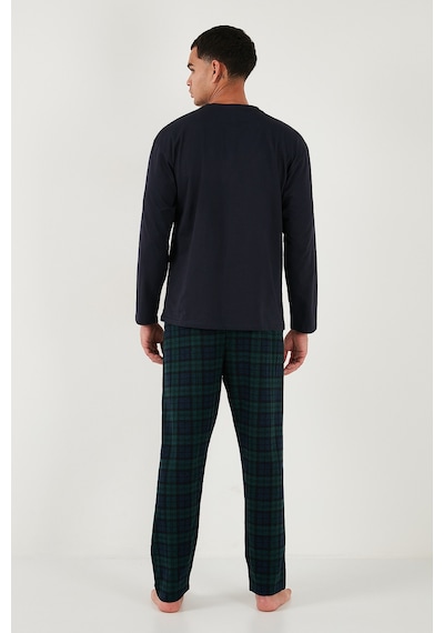 Buratti Ekoseli Regular Fit Yüksek Bel Cepli Bisiklet Yaka Erkek Pijama Takımı 6574002 Lacivert