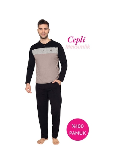Guava Erkek 3 Düğmeli %100 Pamuk Mevsimlik Uzun Kol Cepli Pijama Takımı Siyah
