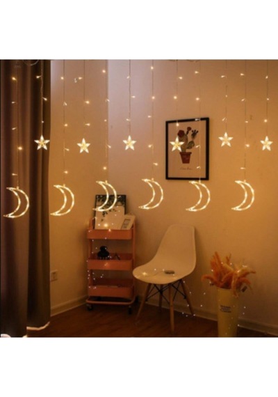 Pazariz Dekoratif Ay Yıldızlı Saçak Led Perde Led Işık Animasyonlu Yılbaşı Led Işık Süs