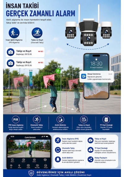 Rx95w Wifi 3 Kameralı Güvenlik Kamerası 15mp Ultra Hd Ptz Hareketli Sesli Gece Görüşlü Akıllı Kamera