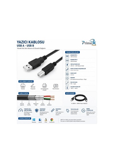 Primex Px-y15 1.5 Metre Siyah Usb Yazıcı Kablosu, Usb-a To Usb-b Printer Kablo, Yazıcı Tarayıcı Fotokopi Cihazı Bağlantı Kablosu, Pc Laptop Usb-b Girişli Yazıcılar İle Uyumlu