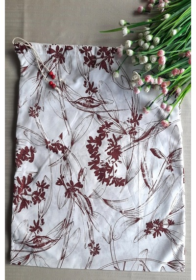 Bordo Çiçekli Ekmeklik - Askılı Büzgülü Keten Ekmek Torbası 50x40