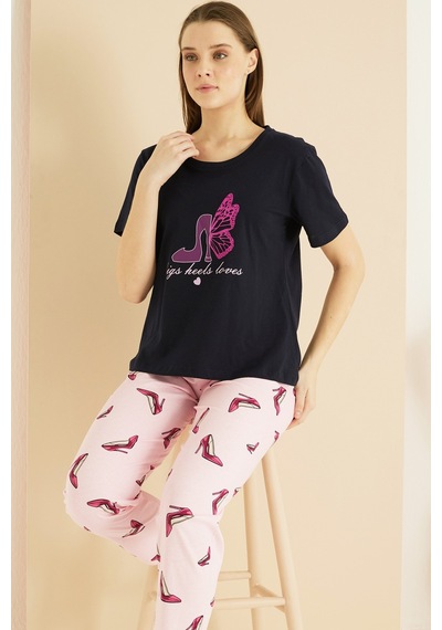 Siyah İnci Pamuklu Bisiklet Yaka Örme Pijama Takım25103264 Lacivert