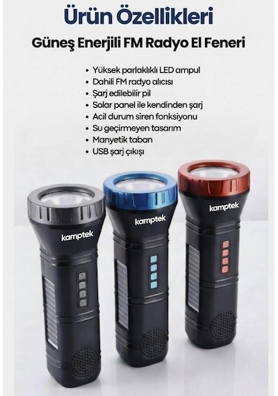 Kamptek Çok Fonksiyonlu Solar El Feneri Radyo + Powerbank + Led Işık Deprem Çantalık Diğer