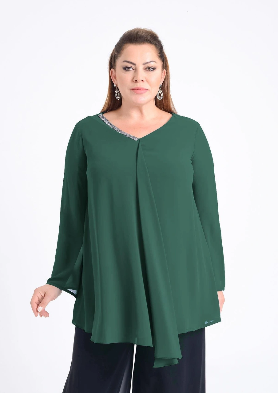Lilas Xxl Büyük Beden Yeşil Renkli Şifon Abiye Bluz Yeşil
