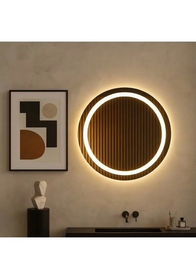 96x96 Cm Modern Yuvarlak Led Banyo Aynası Kumlamalı, Touch Sensörlü, Dimmerli Günışığı 3000k Sarı