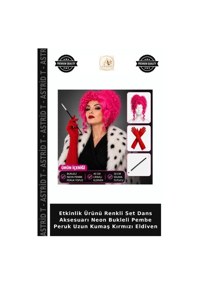 Astrid T Etkinlik Ürünü Renkli Set Dans Aksesuarı Neon Bukleli Pembe Peruk Uzun Kumaş Kırmızı Eldiven